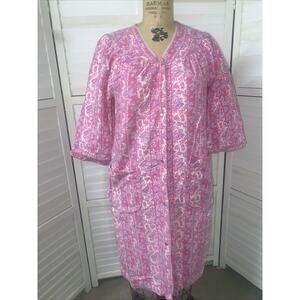 VTG Morning News Pink 100% Cotton Flannel Nightgown Robe Housecoat Sz Small